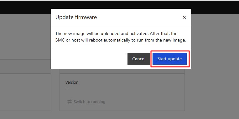 Click “Start update” to continue the BMC FW upgrade process.